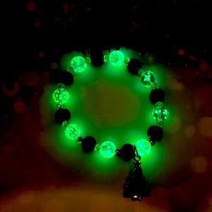 Handmade Christmas Tree Charm Bracelet with Glow-In-The-Dark Sea Glass Beads!